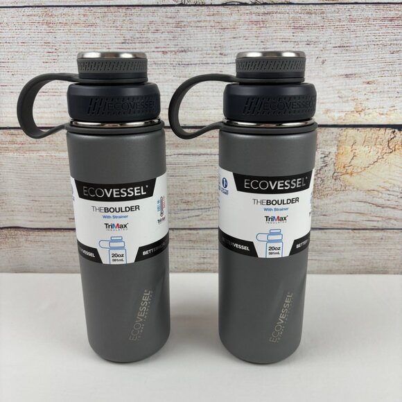 (2) EcoVessel The Boulder 20oz Bottles Insulated Stainless Steel & Strainer Gray - Picture 1 of 10